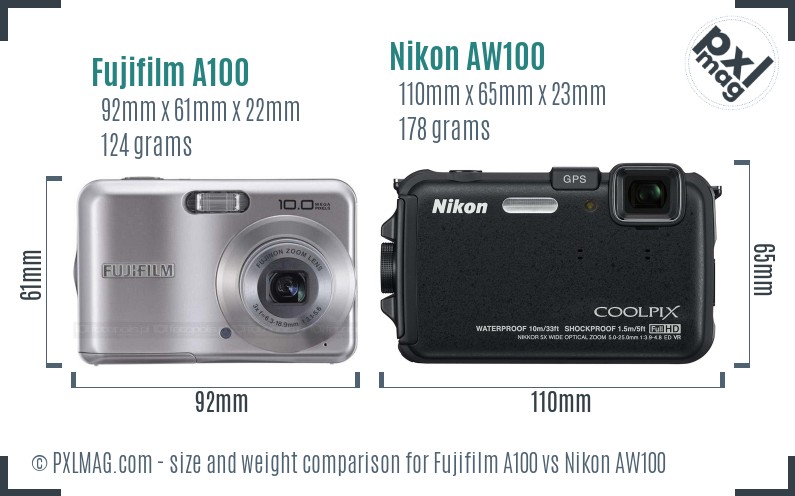 Fujifilm A100 vs Nikon AW100 size comparison