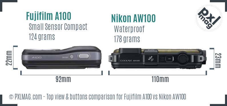 Fujifilm A100 vs Nikon AW100 top view buttons comparison