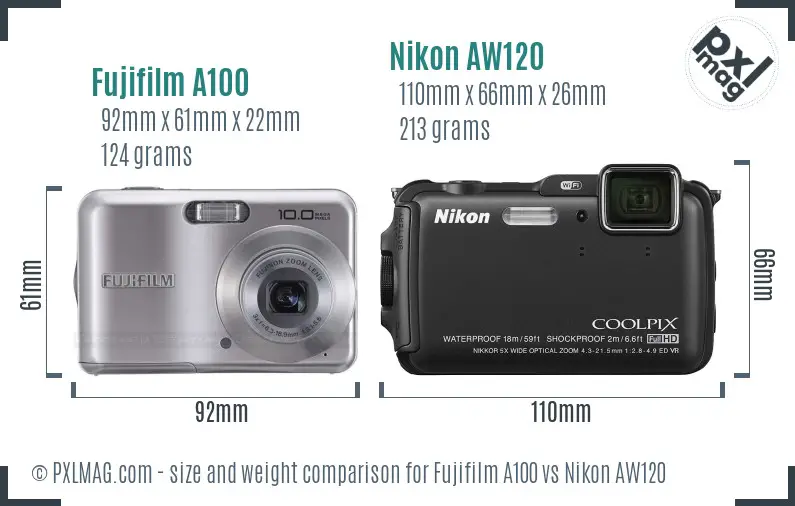 Fujifilm A100 vs Nikon AW120 size comparison