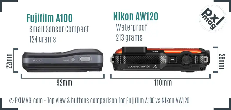 Fujifilm A100 vs Nikon AW120 top view buttons comparison