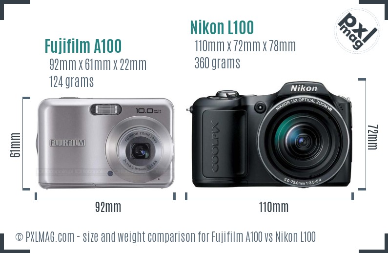 Fujifilm A100 vs Nikon L100 size comparison