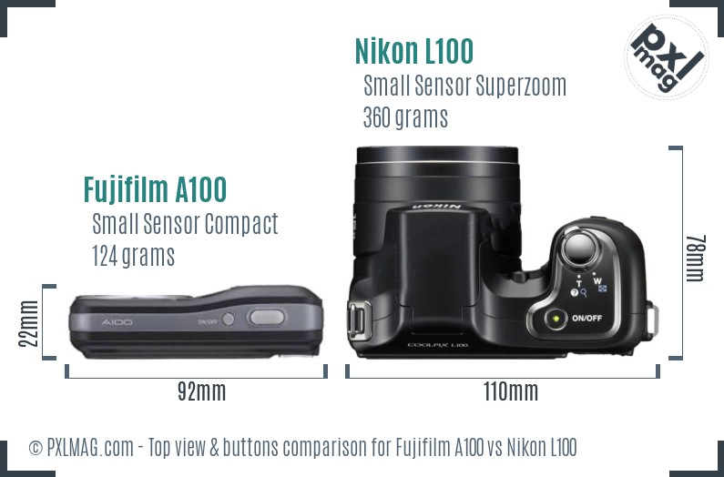 Fujifilm A100 vs Nikon L100 top view buttons comparison