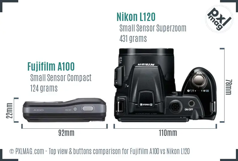 Fujifilm A100 vs Nikon L120 top view buttons comparison