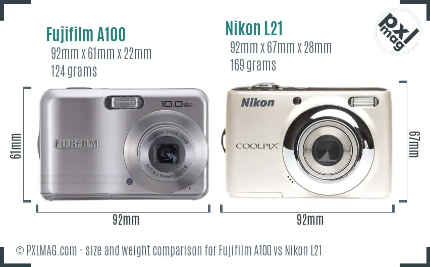 Fujifilm A100 vs Nikon L21 size comparison