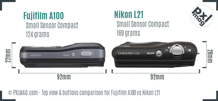 Fujifilm A100 vs Nikon L21 top view buttons comparison