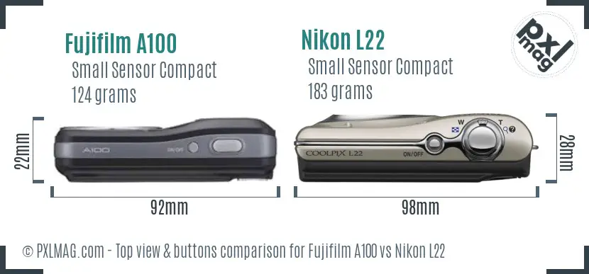 Fujifilm A100 vs Nikon L22 top view buttons comparison