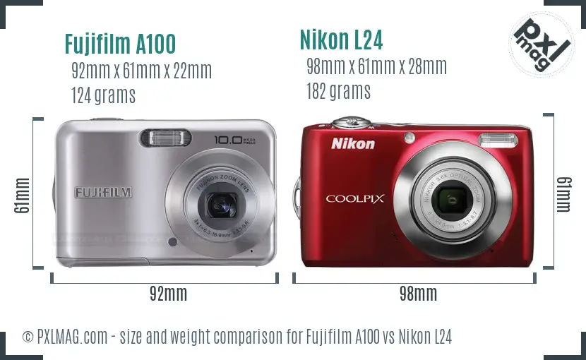 Fujifilm A100 vs Nikon L24 size comparison