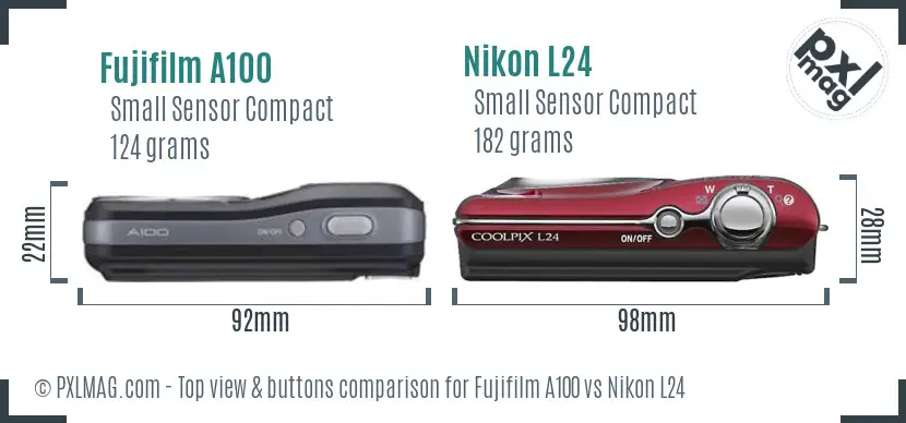 Fujifilm A100 vs Nikon L24 top view buttons comparison