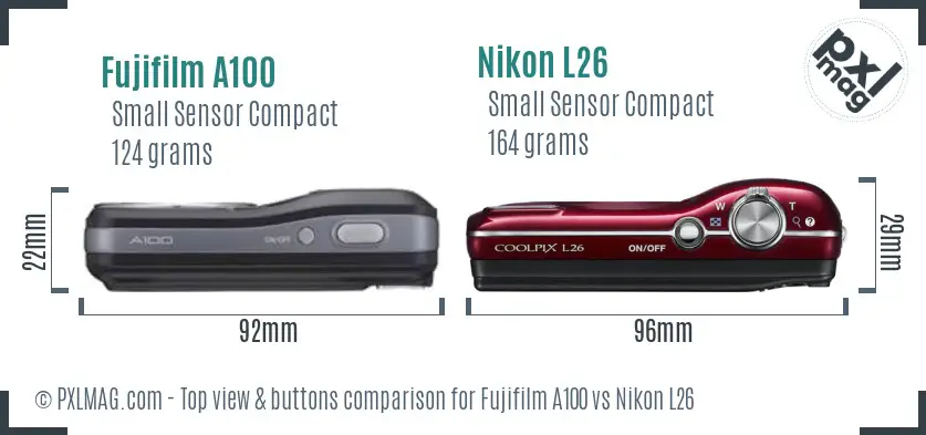 Fujifilm A100 vs Nikon L26 top view buttons comparison
