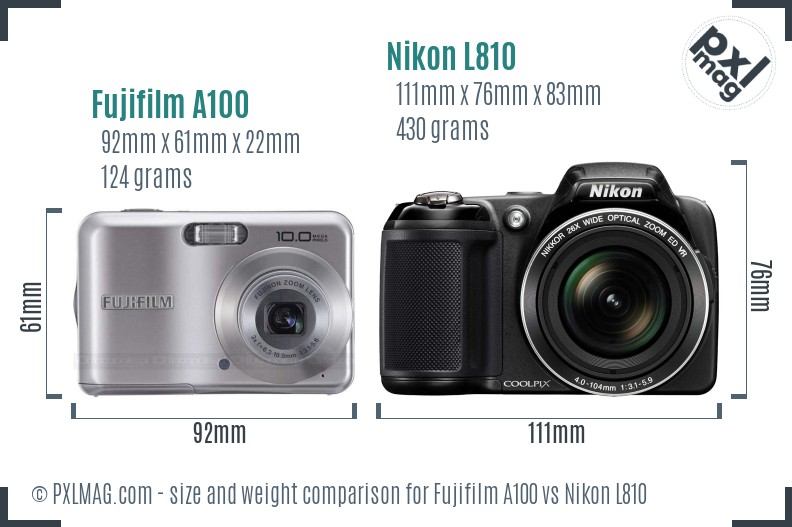 Fujifilm A100 vs Nikon L810 size comparison