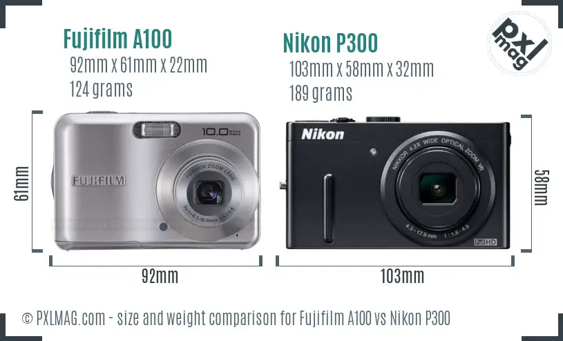 Fujifilm A100 vs Nikon P300 size comparison