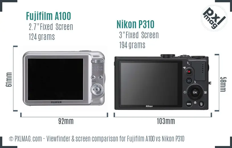 Fujifilm A100 vs Nikon P310 Screen and Viewfinder comparison
