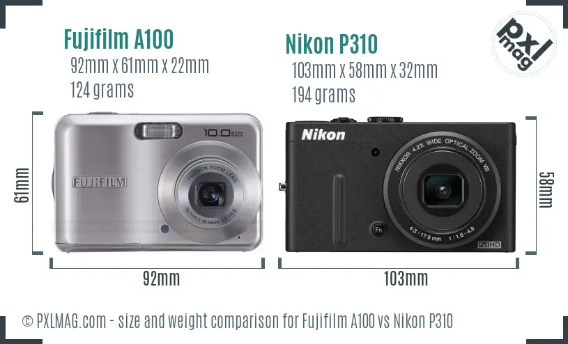 Fujifilm A100 vs Nikon P310 size comparison