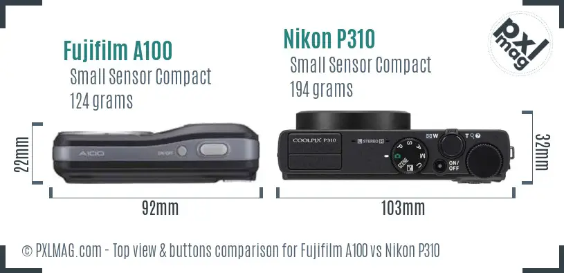 Fujifilm A100 vs Nikon P310 top view buttons comparison