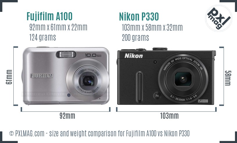 Fujifilm A100 vs Nikon P330 size comparison