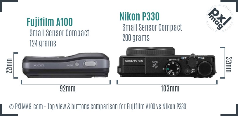 Fujifilm A100 vs Nikon P330 top view buttons comparison