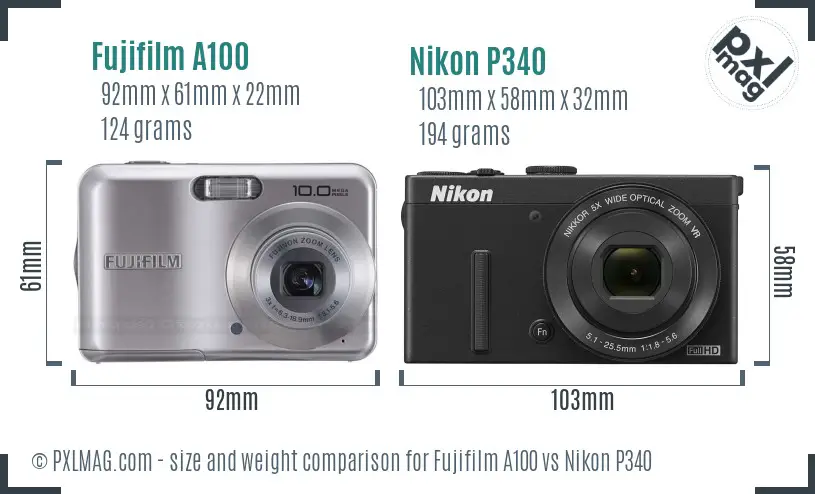 Fujifilm A100 vs Nikon P340 size comparison Fujifilm A100 vs Nikon P340 size comparison