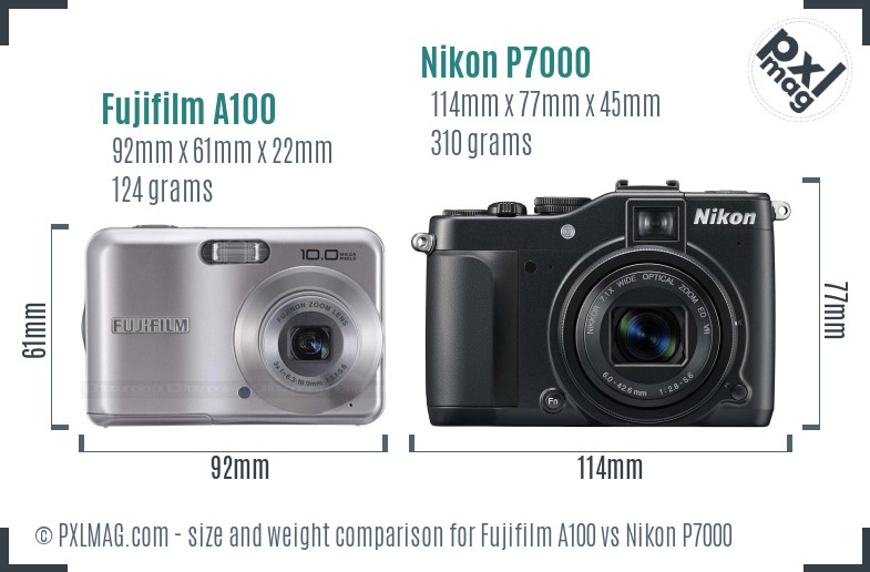 Fujifilm A100 vs Nikon P7000 size comparison
