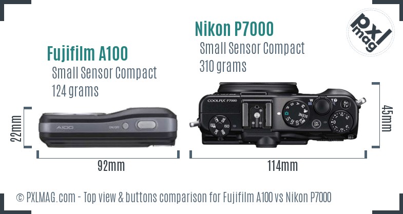 Fujifilm A100 vs Nikon P7000 top view buttons comparison