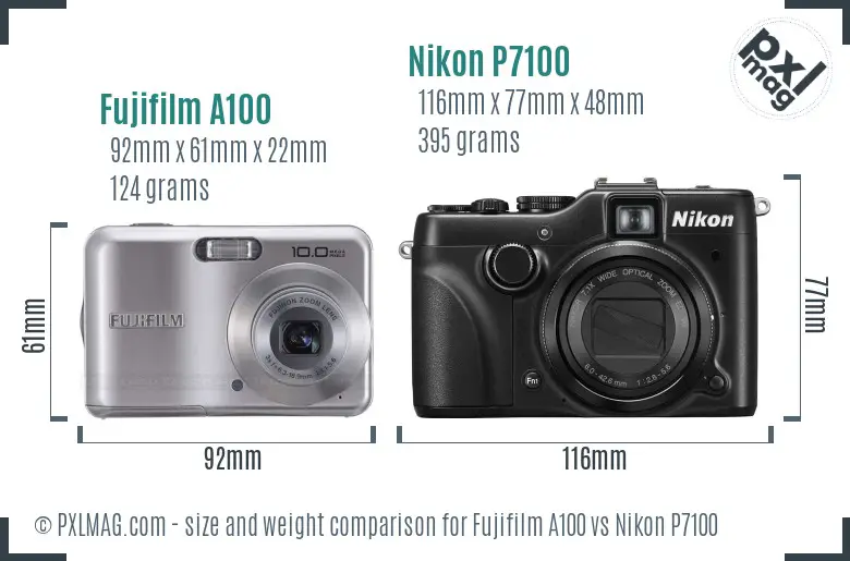 Fujifilm A100 vs Nikon P7100 size comparison