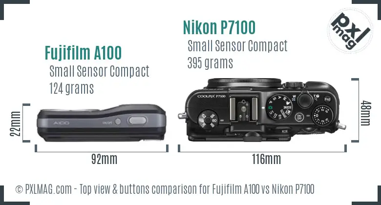 Fujifilm A100 vs Nikon P7100 top view buttons comparison