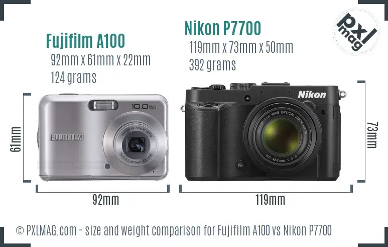 Fujifilm A100 vs Nikon P7700 size comparison