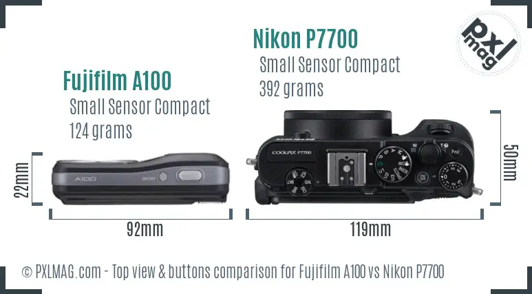 Fujifilm A100 vs Nikon P7700 top view buttons comparison