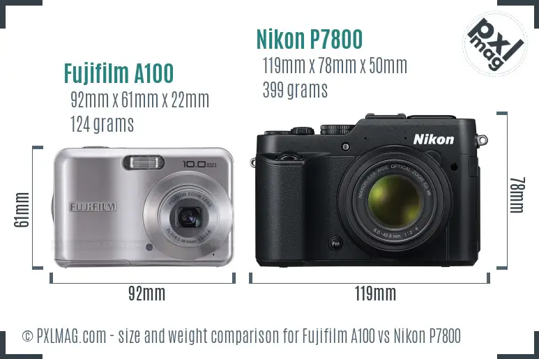 Fujifilm A100 vs Nikon P7800 size comparison