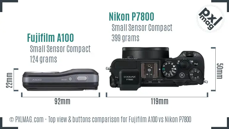 Fujifilm A100 vs Nikon P7800 top view buttons comparison