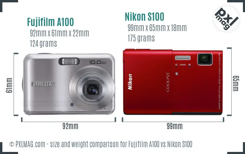 Fujifilm A100 vs Nikon S100 size comparison