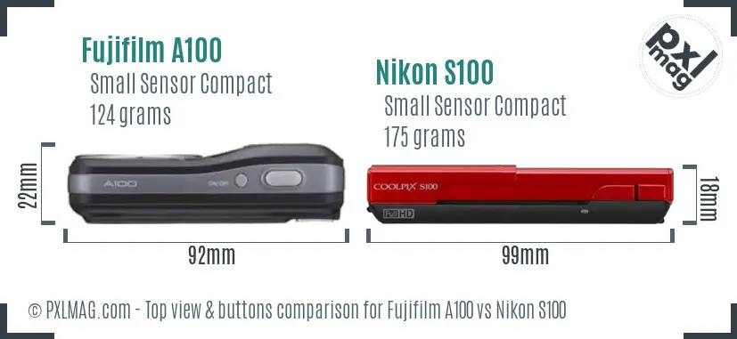 Fujifilm A100 vs Nikon S100 top view buttons comparison