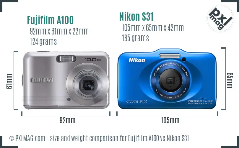 Fujifilm A100 vs Nikon S31 size comparison