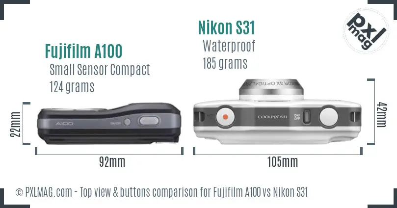 Fujifilm A100 vs Nikon S31 top view buttons comparison