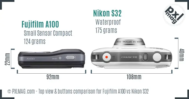 Fujifilm A100 vs Nikon S32 top view buttons comparison Fujifilm A100 vs Nikon S32 top view buttons comparison