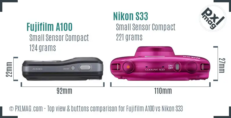 Fujifilm A100 vs Nikon S33 top view buttons comparison