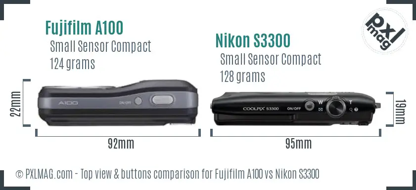 Fujifilm A100 vs Nikon S3300 top view buttons comparison