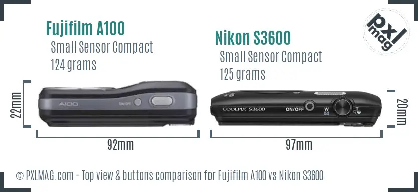 Fujifilm A100 vs Nikon S3600 top view buttons comparison