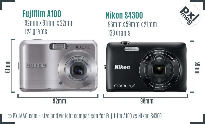 Fujifilm A100 vs Nikon S4300 size comparison