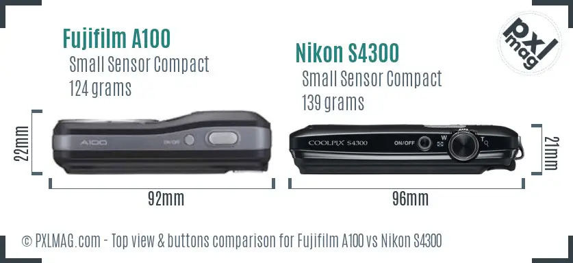 Fujifilm A100 vs Nikon S4300 top view buttons comparison