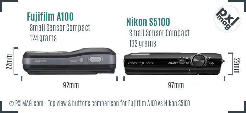 Fujifilm A100 vs Nikon S5100 top view buttons comparison Fujifilm A100 vs Nikon S5100 top view buttons comparison