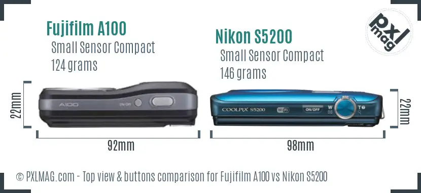 Fujifilm A100 vs Nikon S5200 top view buttons comparison Fujifilm A100 vs Nikon S5200 top view buttons comparison