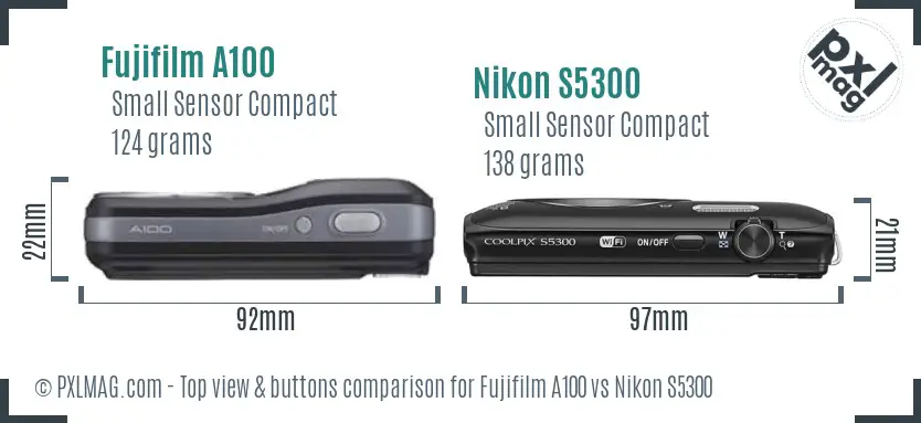 Fujifilm A100 vs Nikon S5300 top view buttons comparison