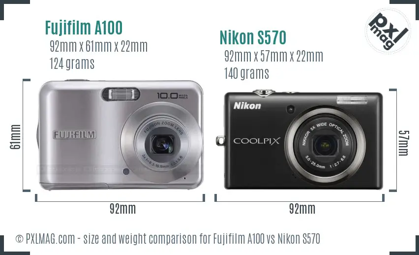Fujifilm A100 vs Nikon S570 size comparison