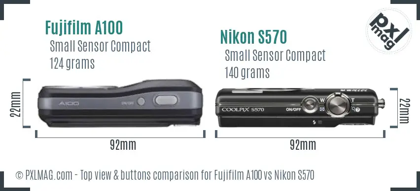Fujifilm A100 vs Nikon S570 top view buttons comparison
