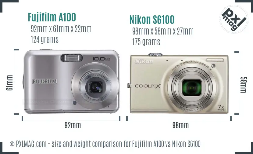 Fujifilm A100 vs Nikon S6100 size comparison