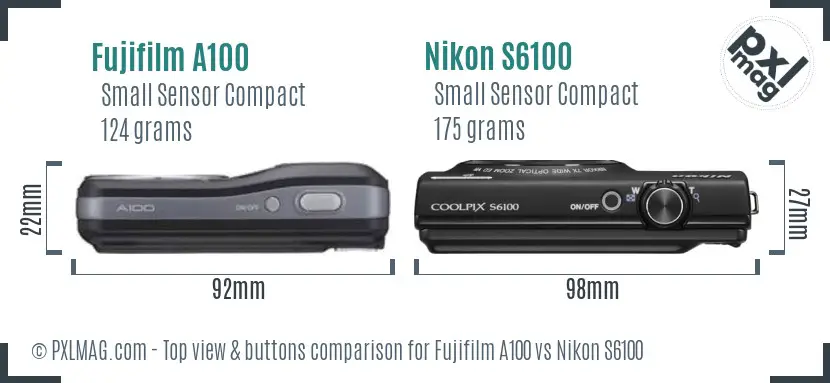 Fujifilm A100 vs Nikon S6100 top view buttons comparison