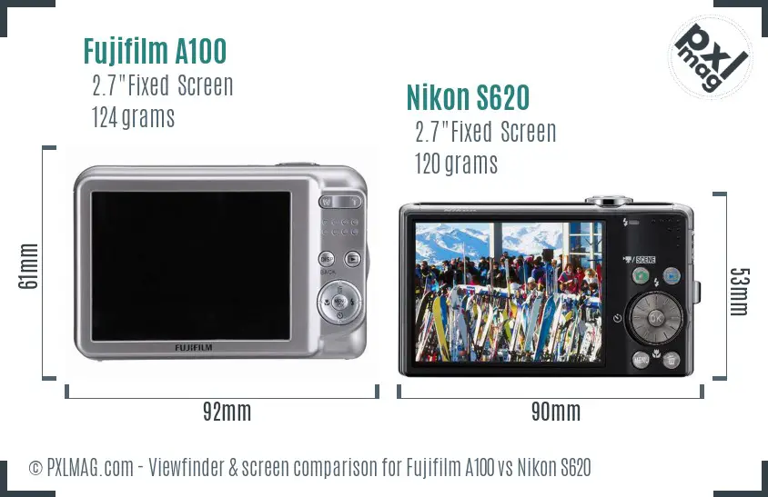 Fujifilm A100 vs Nikon S620 Screen and Viewfinder comparison