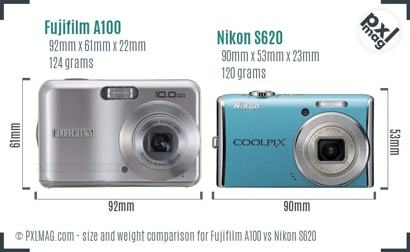 Fujifilm A100 vs Nikon S620 size comparison