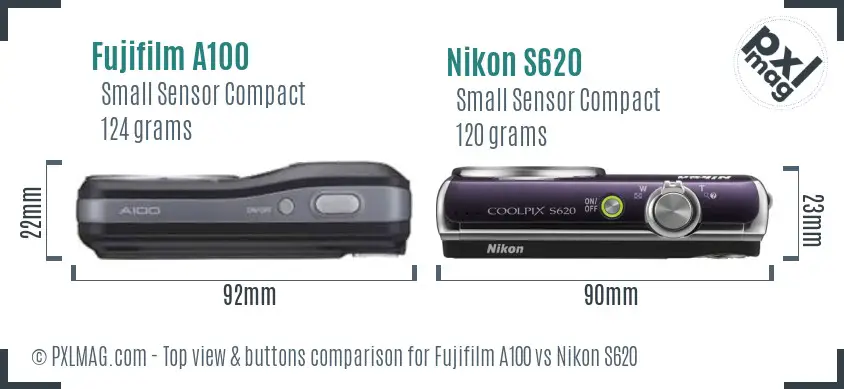 Fujifilm A100 vs Nikon S620 top view buttons comparison