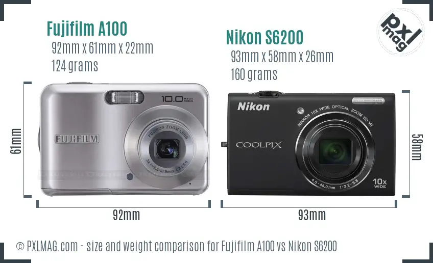 Fujifilm A100 vs Nikon S6200 size comparison